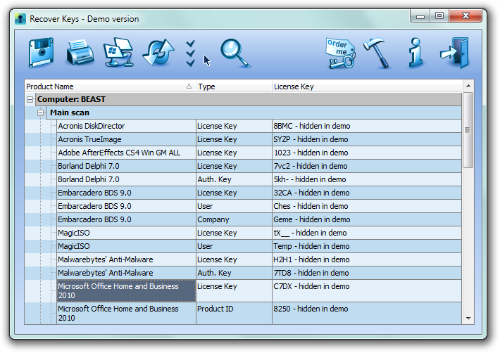 Recover Keys retrieve license keys