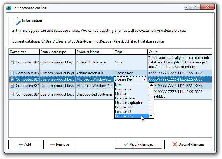 Edit product keys dialog
