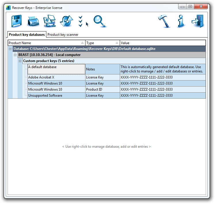 Product Key Databases main window