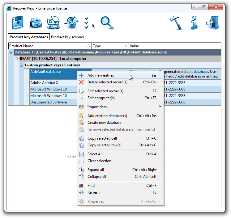 Database context menu