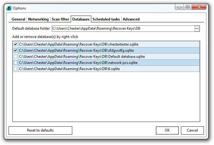 Databases tab of options dialog