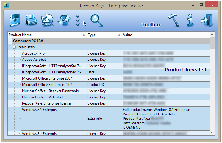 Recover Keys Main Window