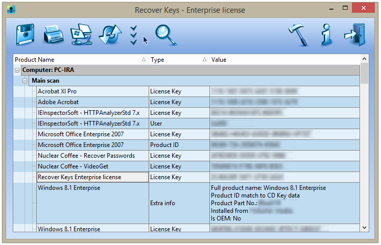 Recover Keys retrieve product keys