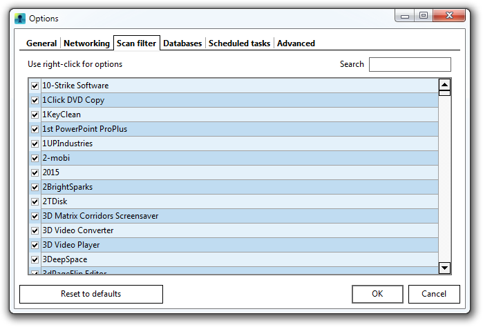 Scan filter inside of options dialog