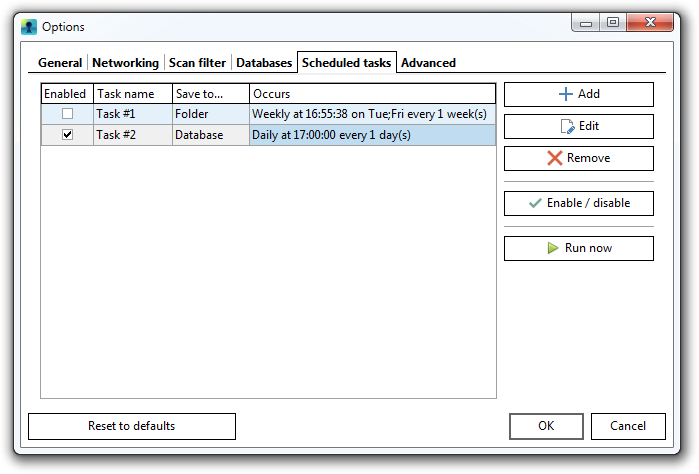 Scheduled tasks tab of options dialog