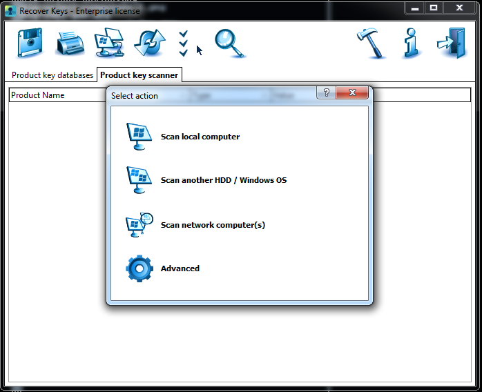 Recover Keys Select Action Dialog Box